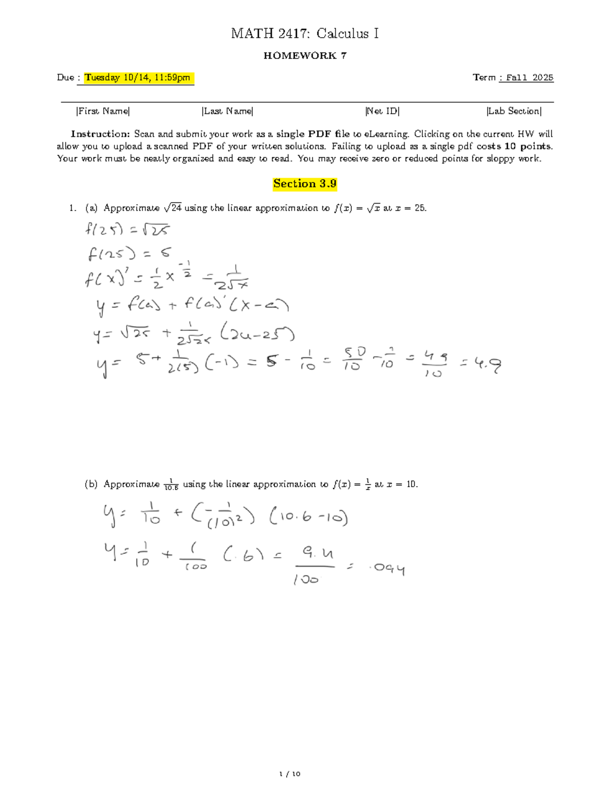 MATH 2417: Calculus I Homework 7 - Fall 2025 Solutions - Studocu