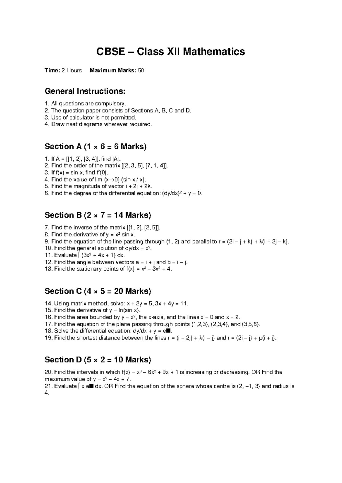 CBSE Class 12 Maths PYQ Question Paper - Time: 2 Hours, Max Marks: 50 ...