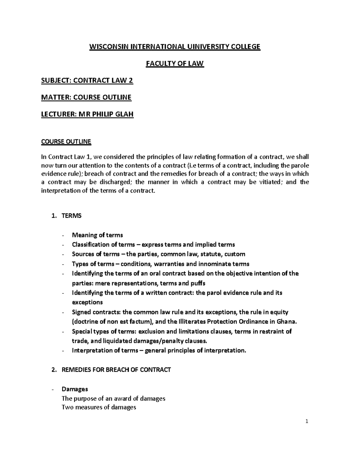 Contract Law 2 Course Outline - WISCONSIN INTERNATIONAL UNIVERSITY ...