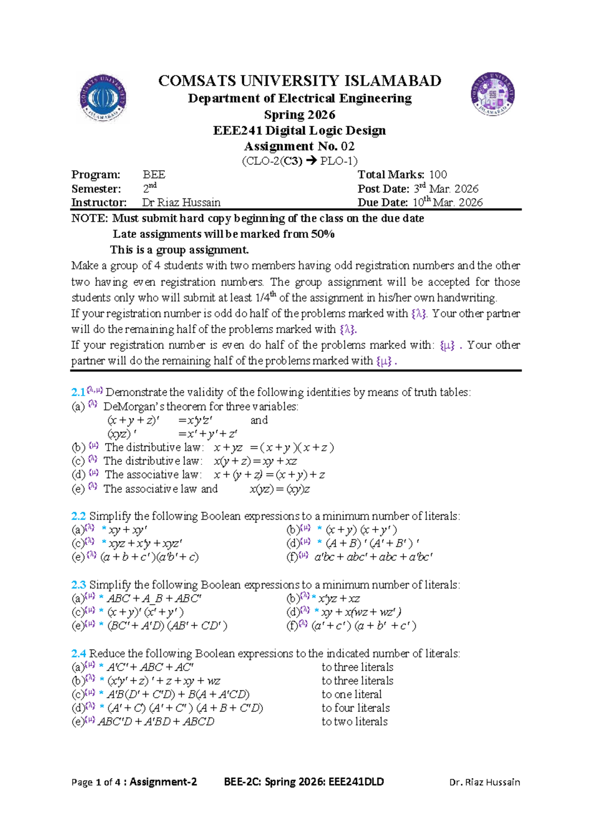 EEE241 Digital Logic Design Assignment 2 - Spring 2026 - Studocu