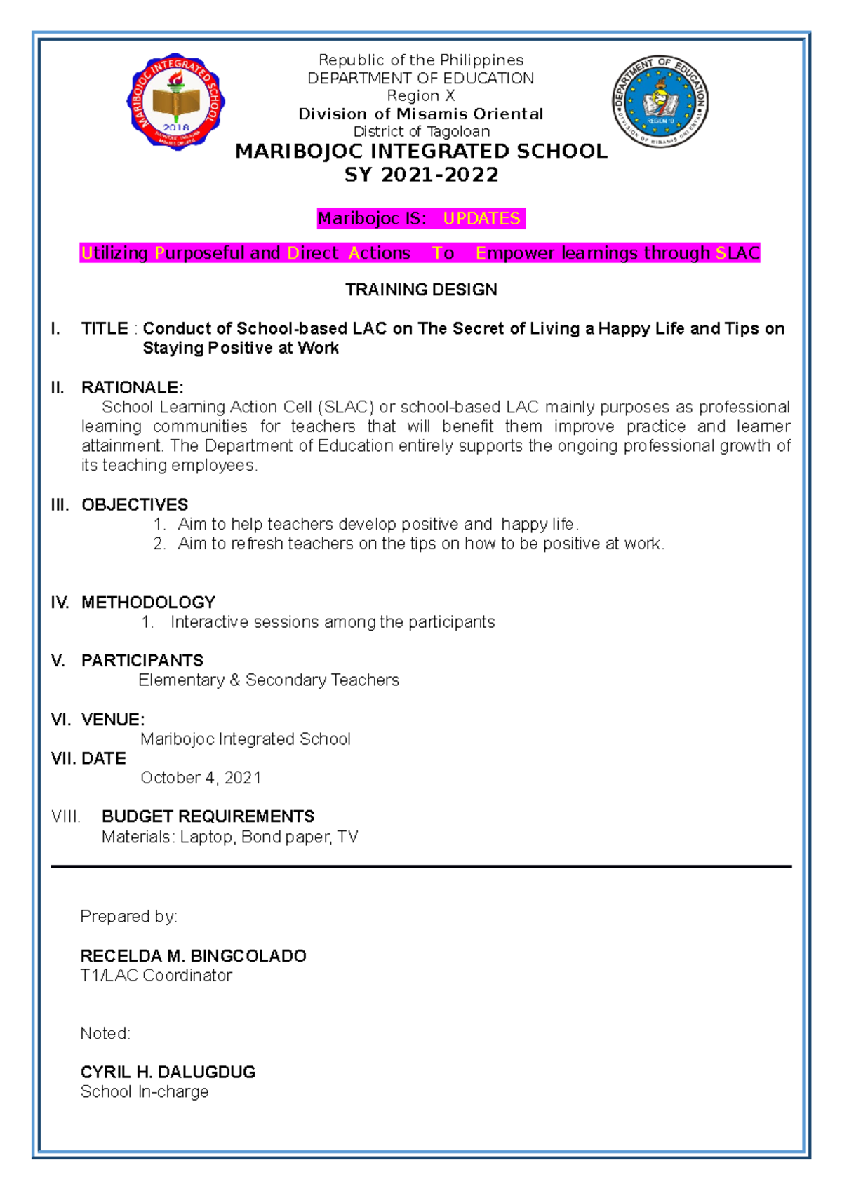 Training Design Matrix for School-based LAC on Positive Living - Studocu