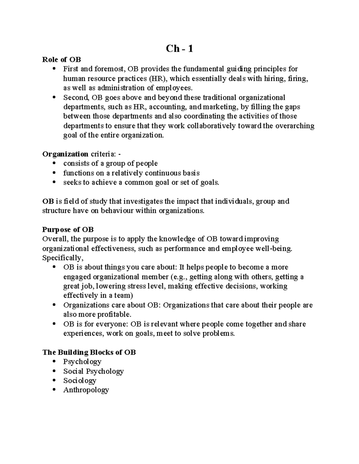 Organizational Behavior Overview: Key Insights from Ch 1-3 Notes - Studocu