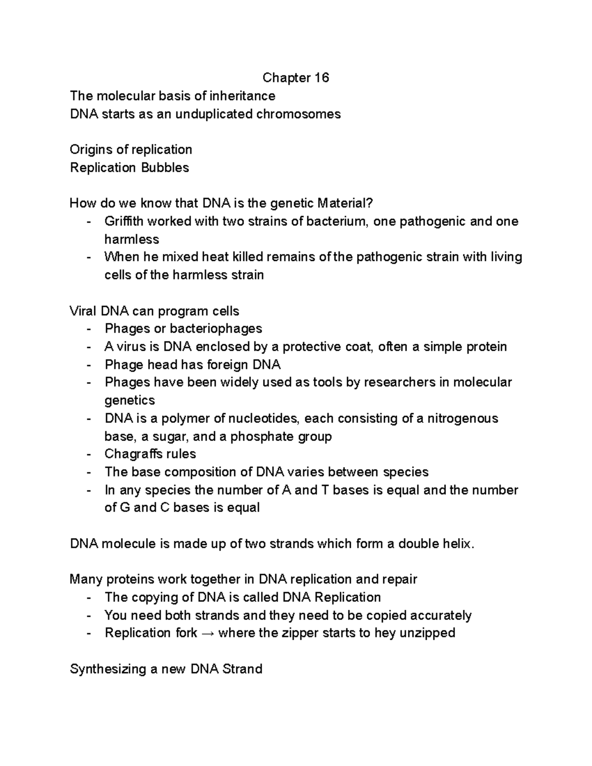 Chapter 16: Molecular Basis of Inheritance & DNA Replication - Studocu
