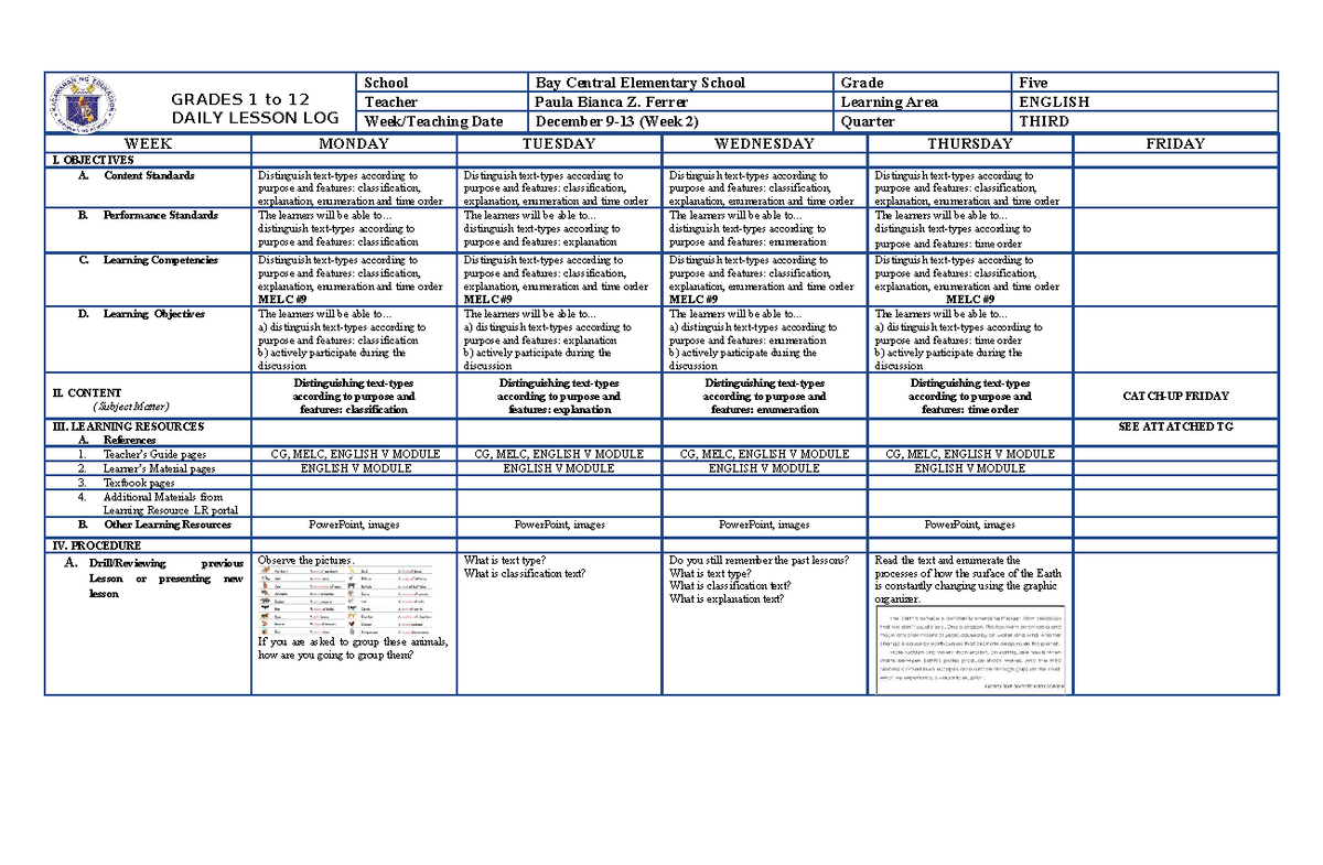 DLL WEEK 2 - Q3 English 5 Daily Lesson Log for Grades 1-12 - Studocu