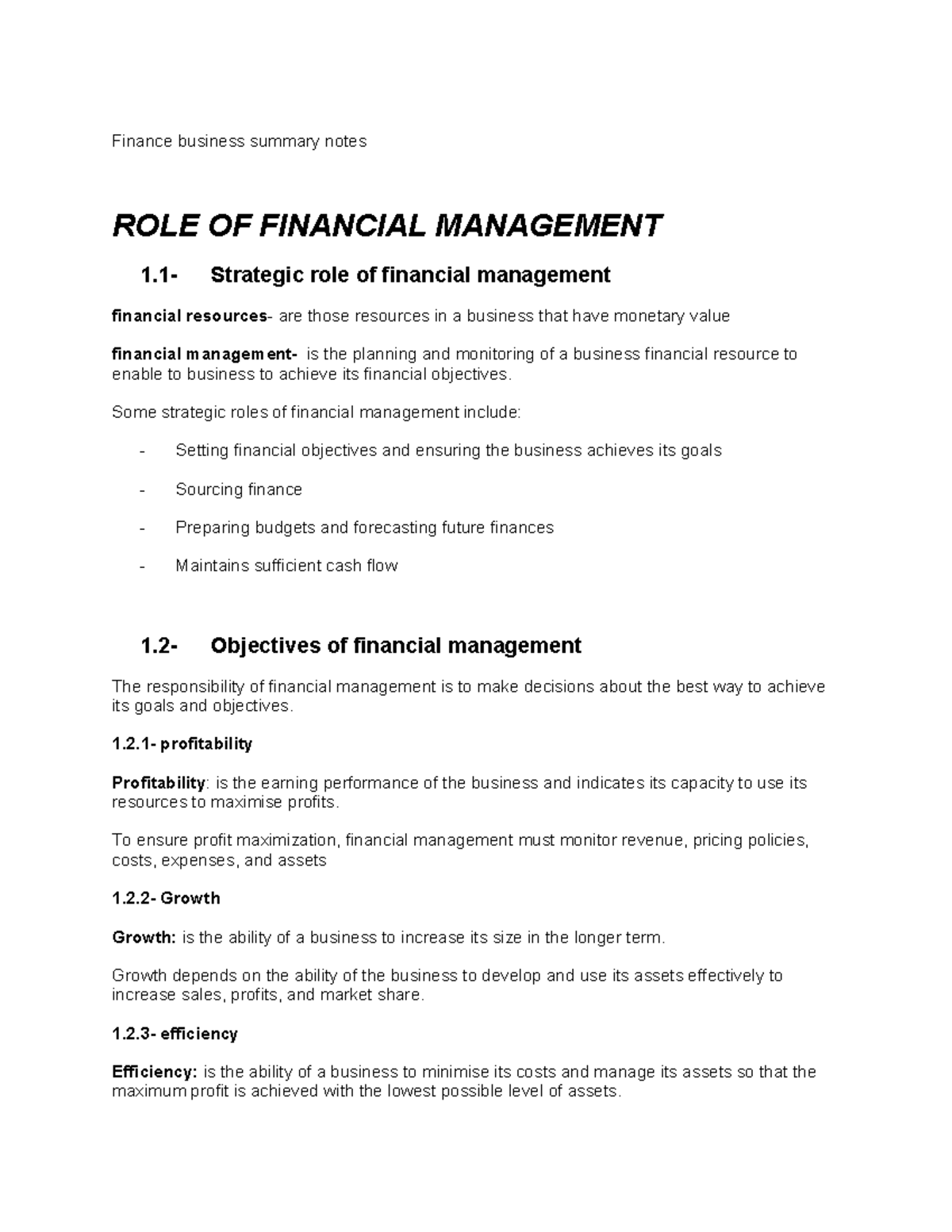 Finance business summary notes - Some strategic roles of financial ...