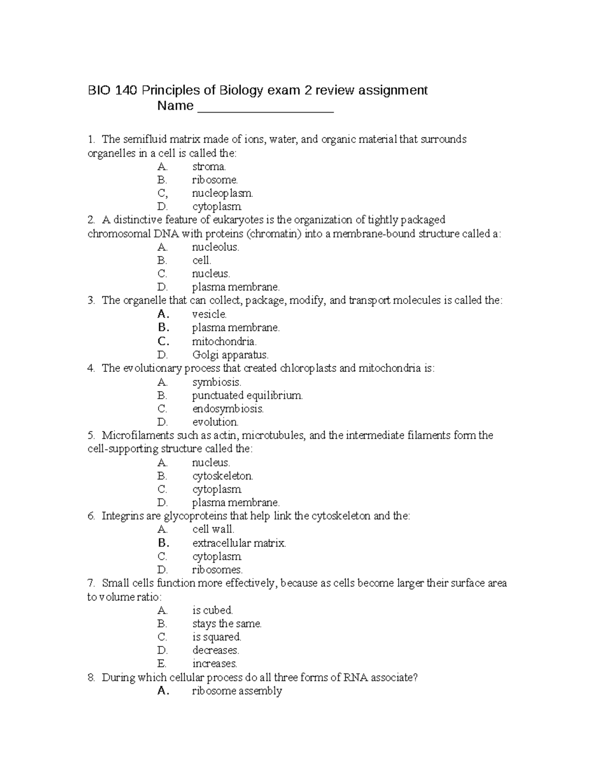 BIO 140 Principles of Biology Exam 2 Review Assignment SP 25 - Studocu