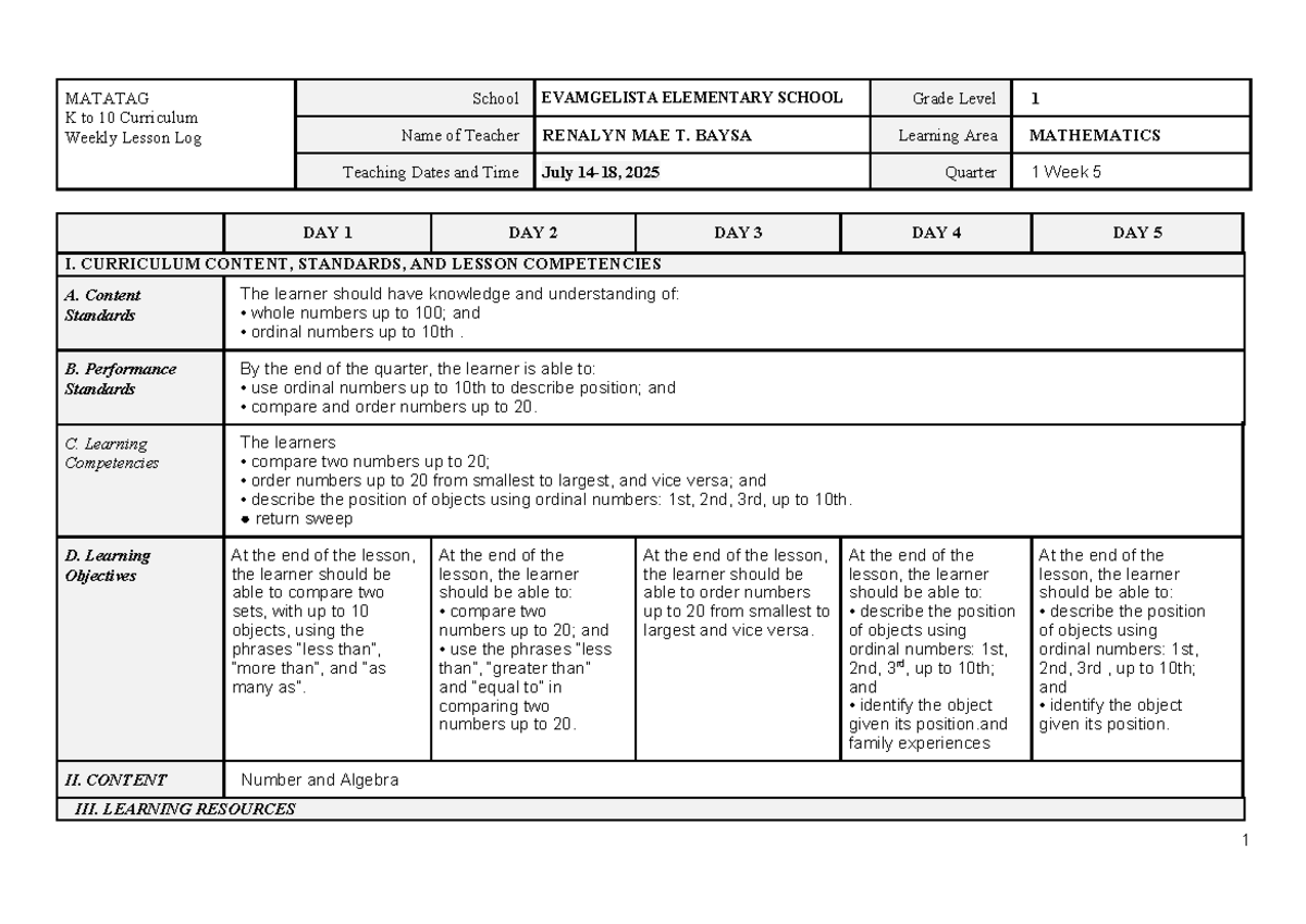 MATATAG K to 10 Curriculum: W5 Lesson Log for Mathematics 1 - Studocu