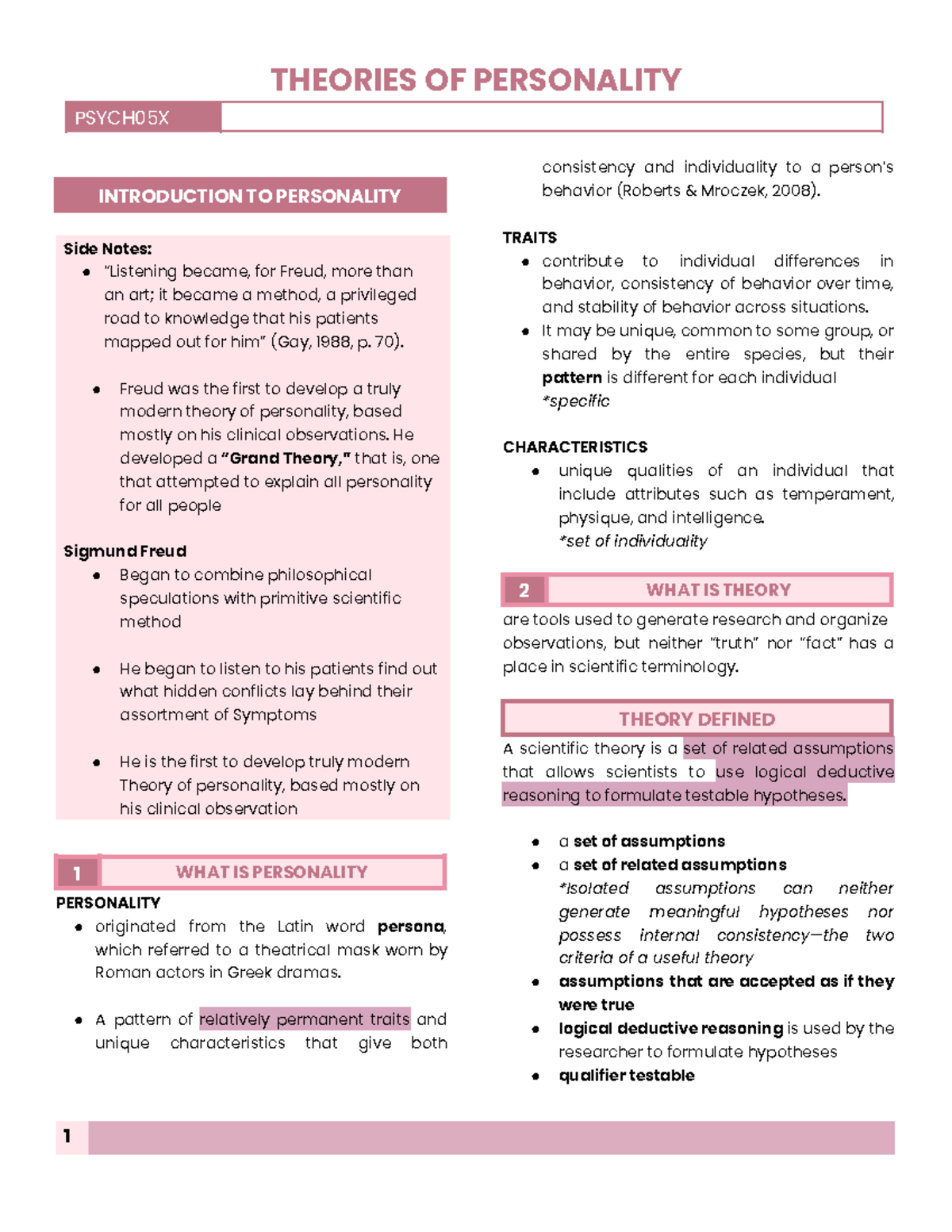 THEORIES OF PERSONALITY PSYCH05X: An Overview of Key Concepts and ...