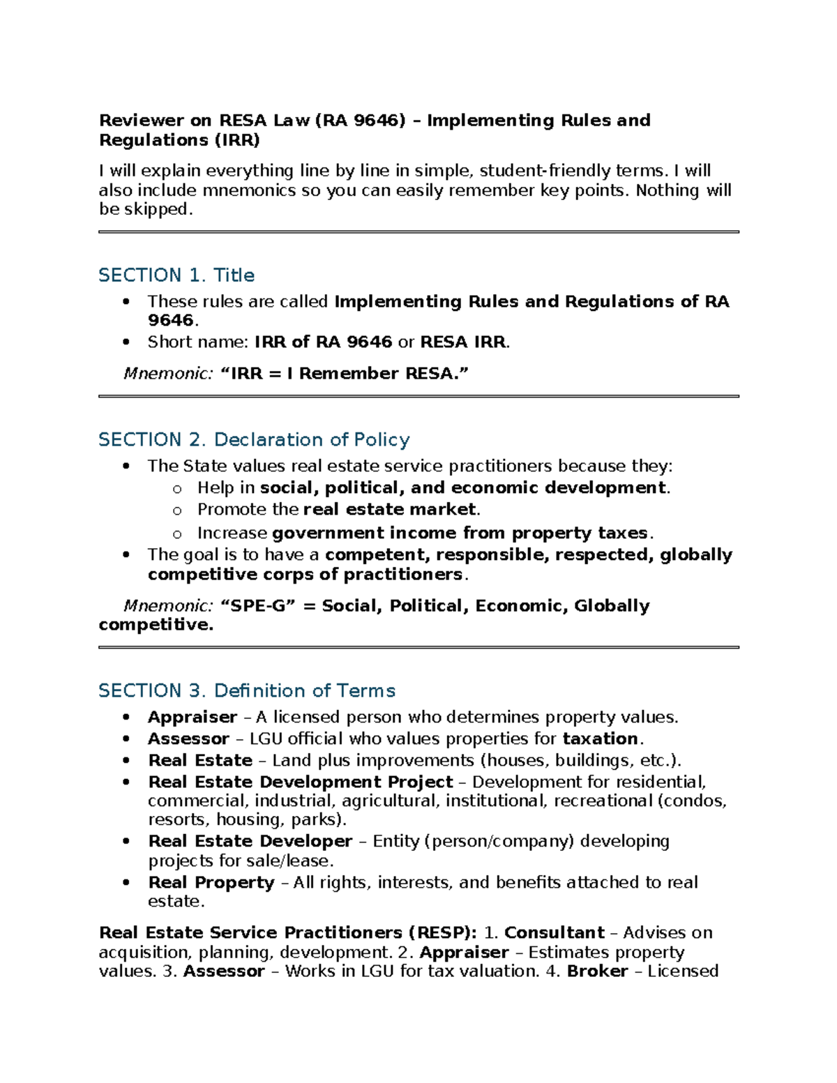 RESA Law (RA 9646) IRR Comprehensive Reviewer with Mnemonics - Studocu