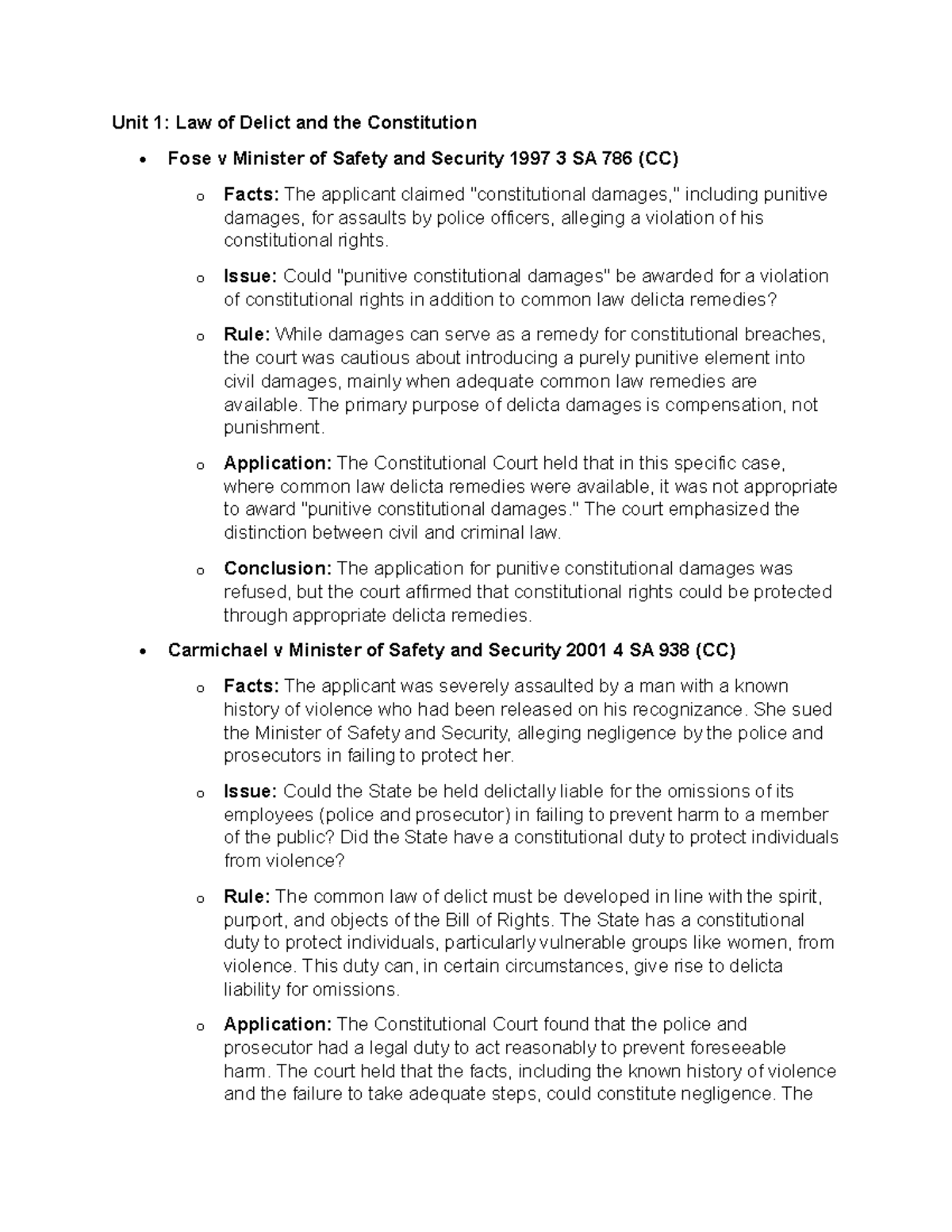 Cases on delict and constitutional law: IURI 273 SU 1-3 - Studocu