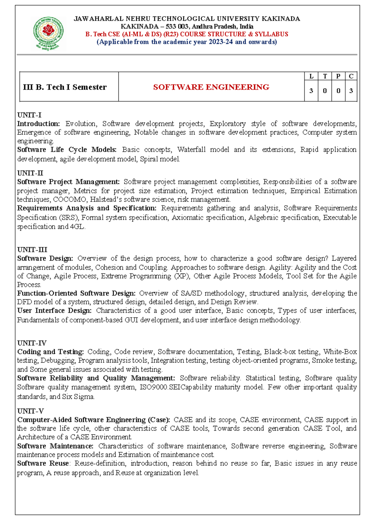 B. Tech CSE (R23) Software Engineering Course Structure & Syllabus ...