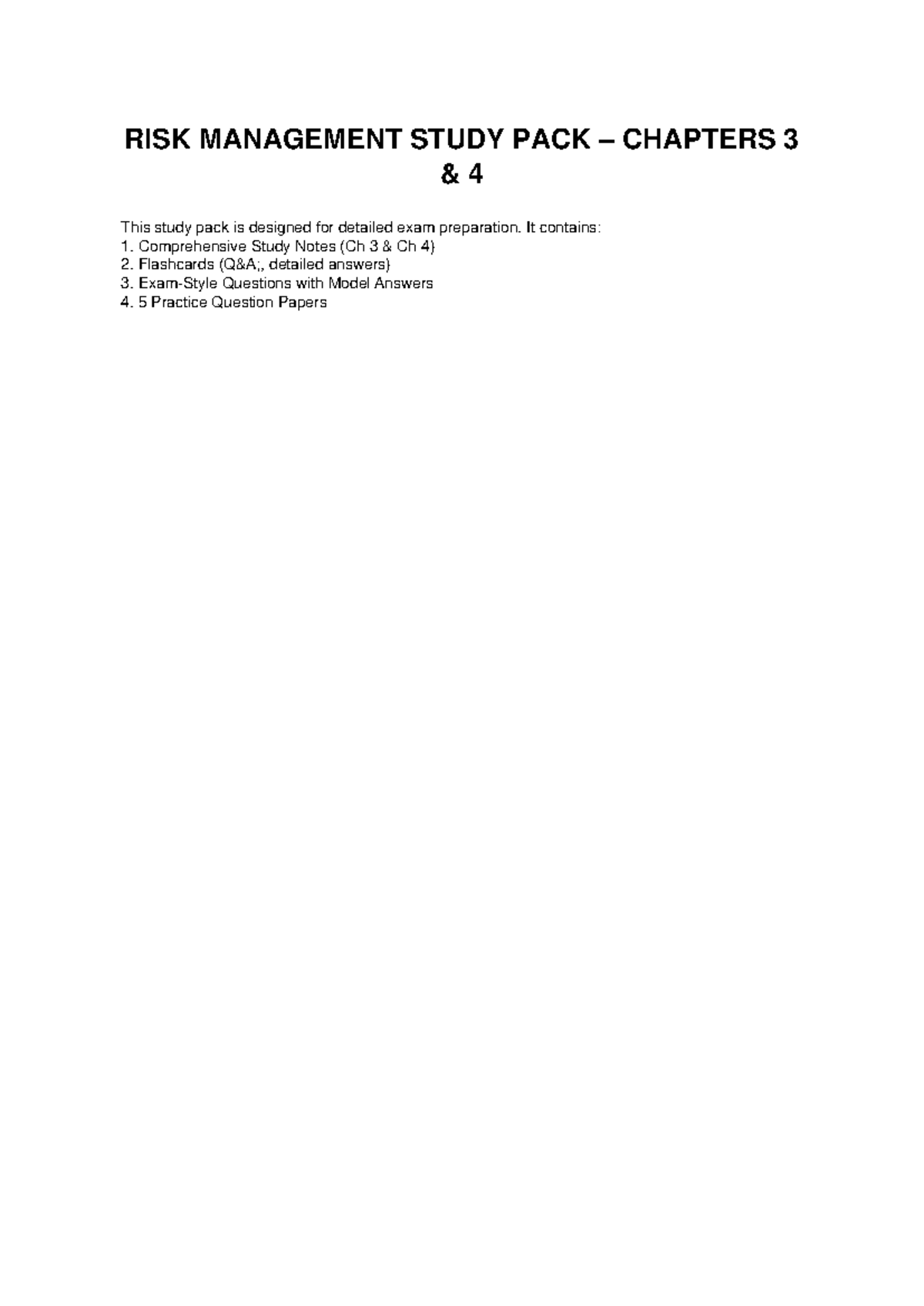 Risk Management Study Pack: Chapters 3 & 4 Overview - Studocu
