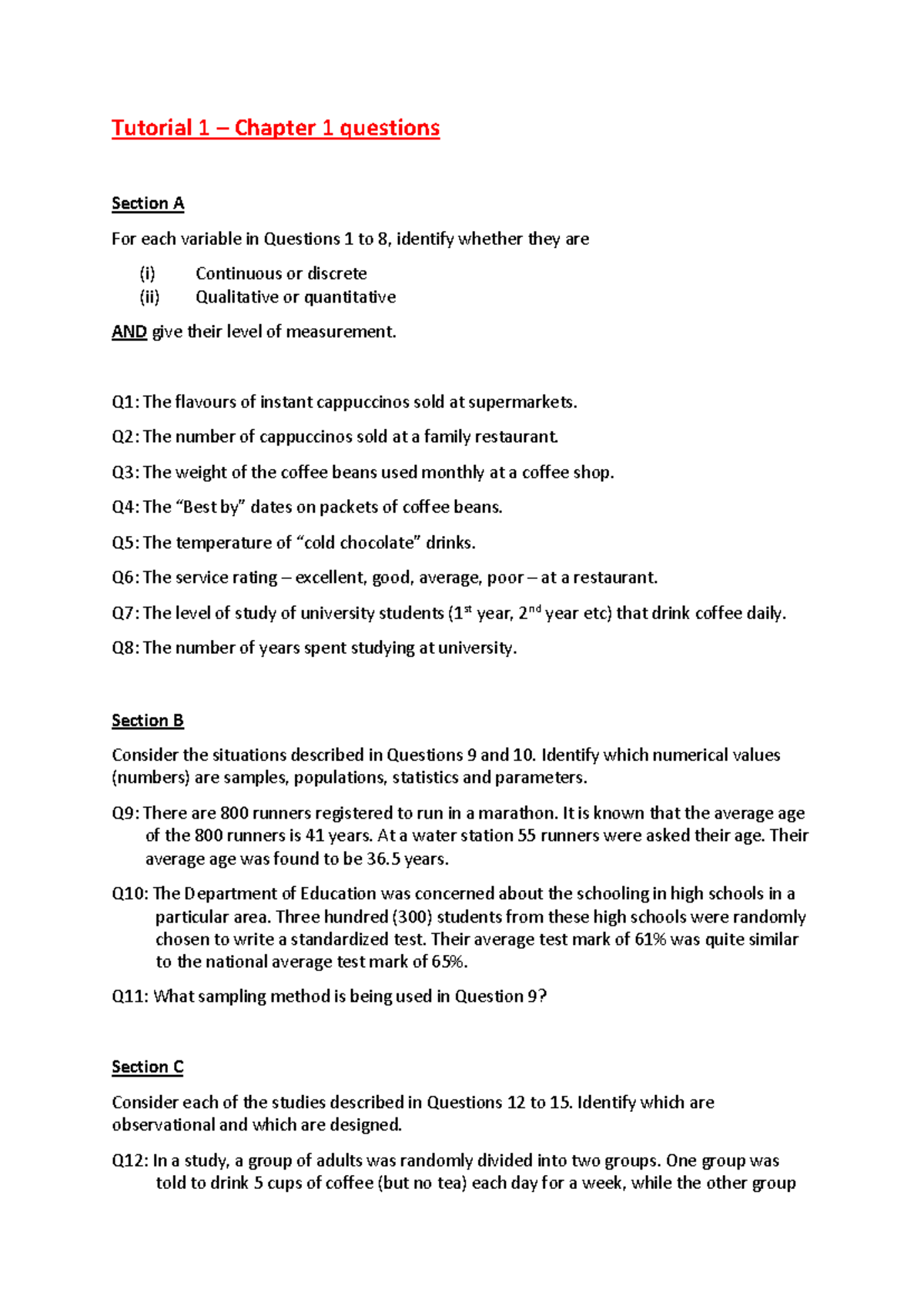 Tutorial 1: Chapter 1 Questions on Variables & Sampling Methods - Studocu