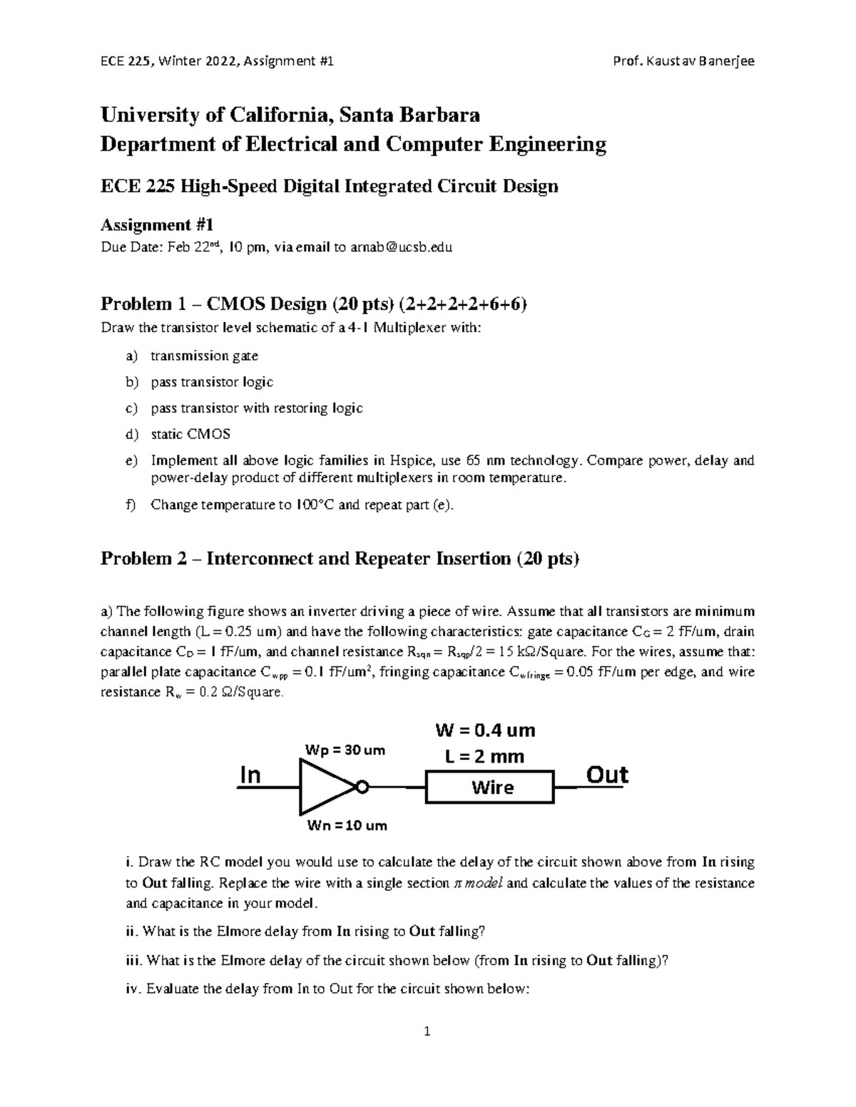 ECE 225 W22 Assignment: CMOS Design & MOSFET Physics Analysis - Studocu