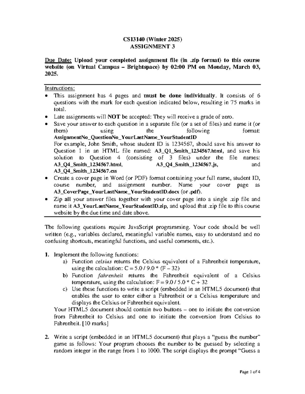CSI3140 A3 - JavaScript Programming Assignment Instructions - Studocu