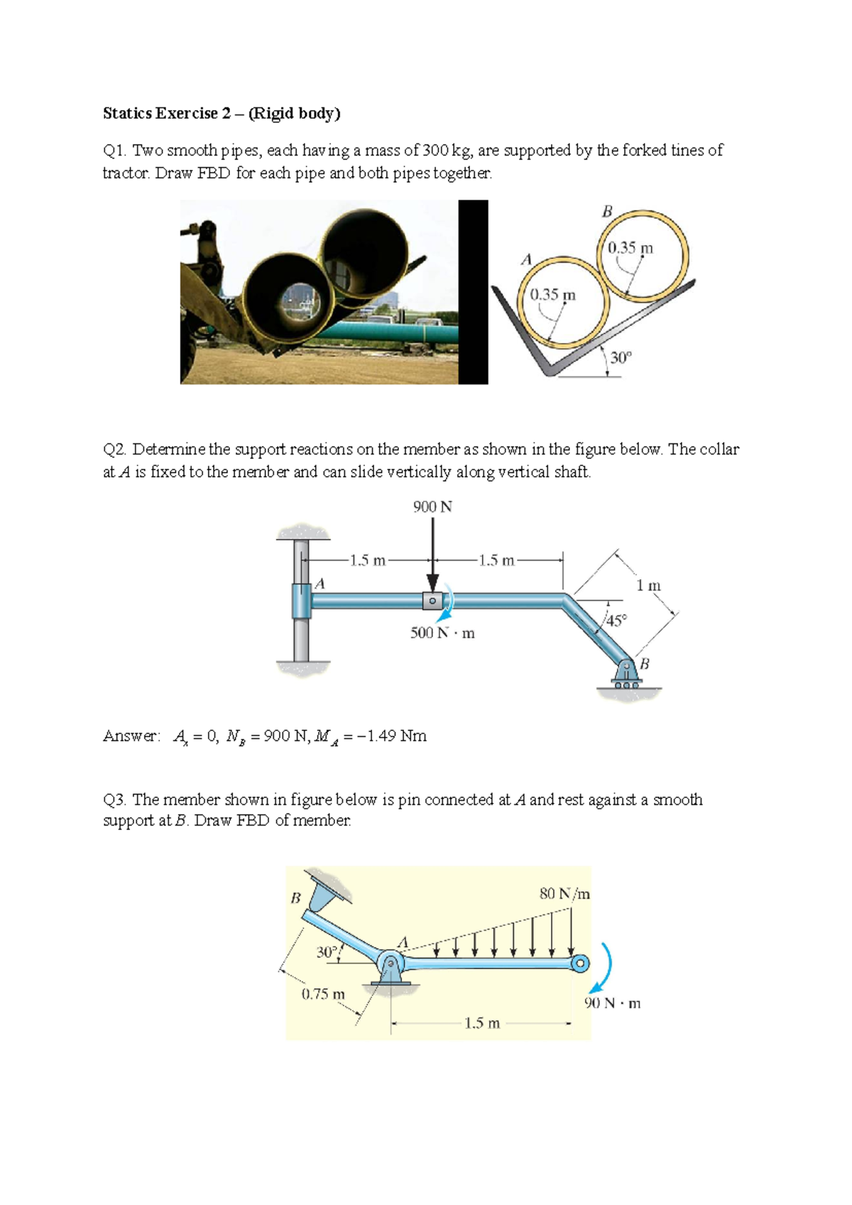 Statics Exercise 2: FBD Analysis and Support Reactions (Rigid Body ...