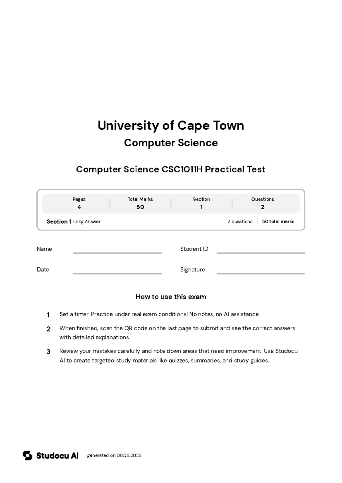 Computer Science CSC1011H Practical Test - Studocu