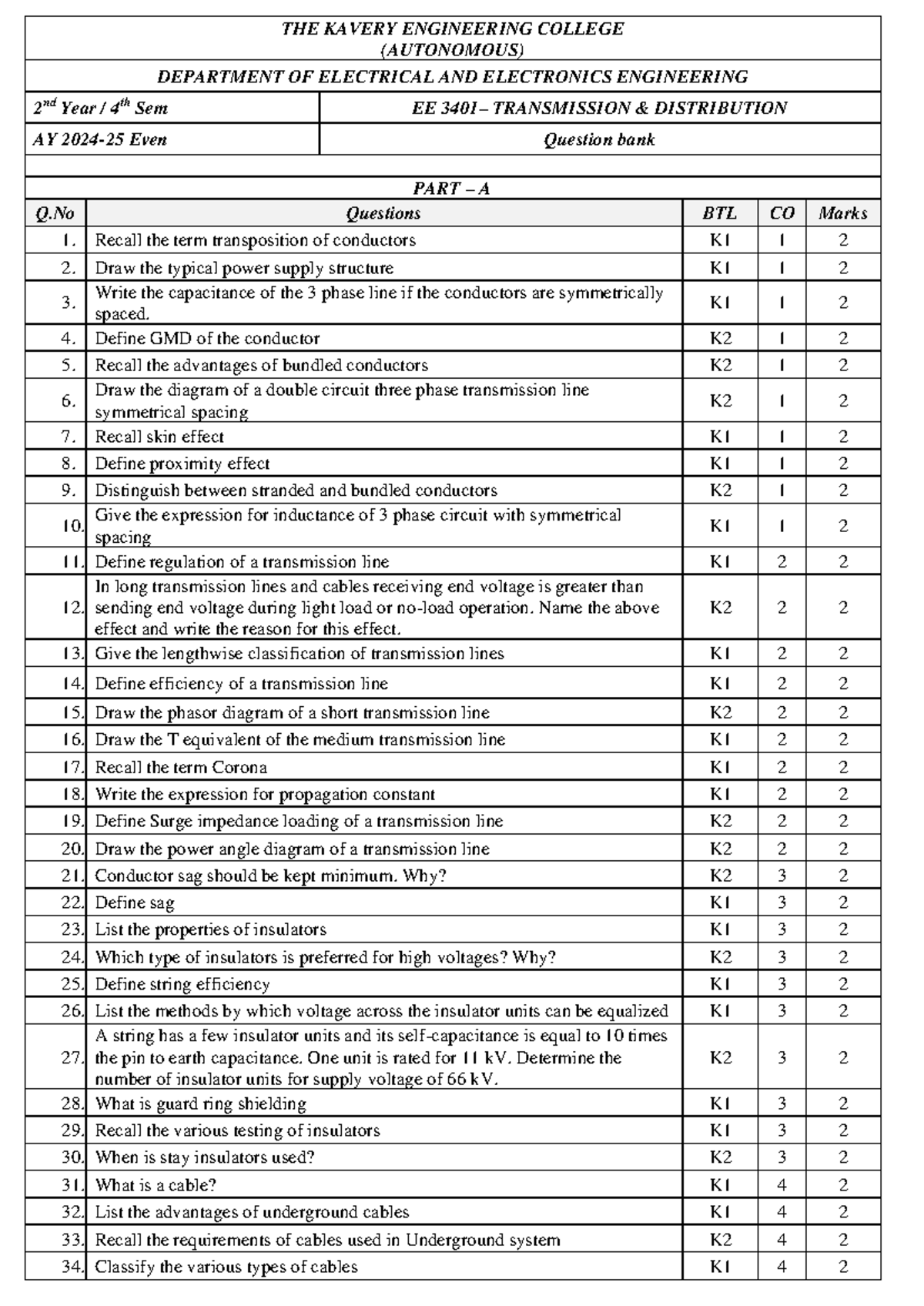 EE3401 Transmission & Distribution Question Bank - 2nd Year 4th Sem ...
