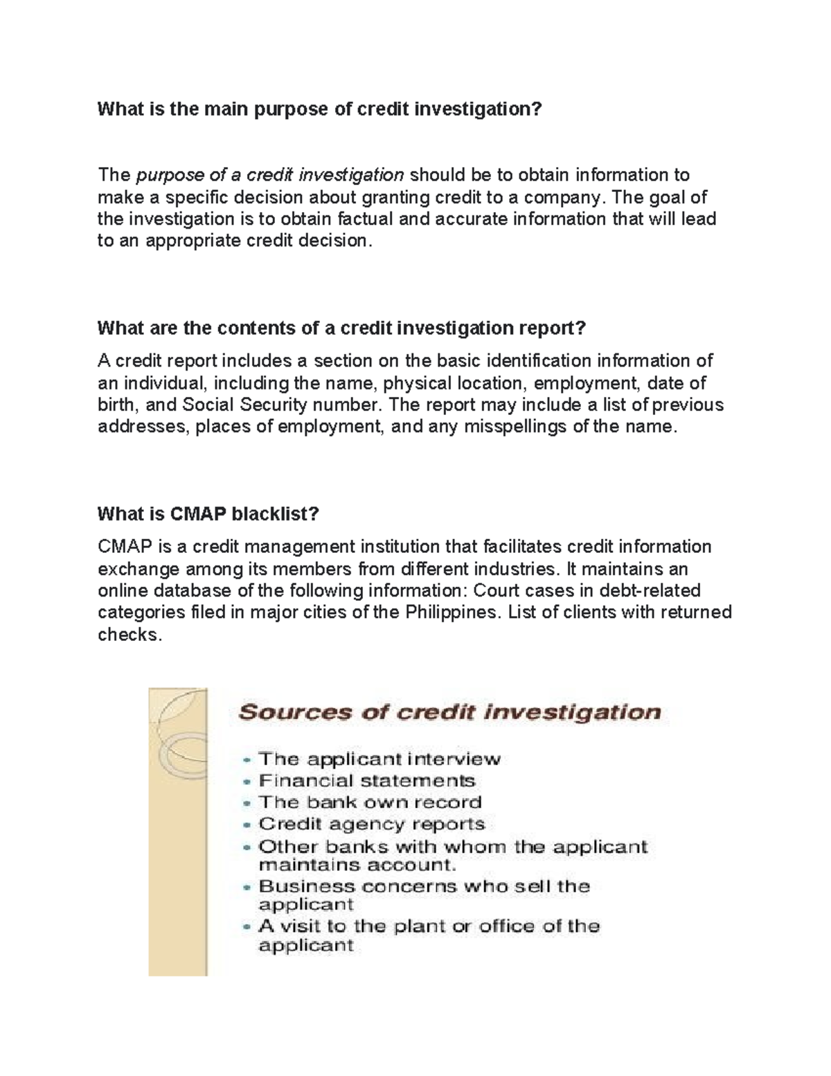 Purpose of Credit Investigation and Report Components - Studocu