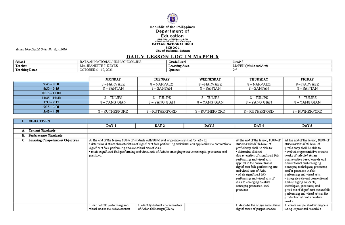 DLL-Q2 MAPEH 8: Daily Lesson Log for Music and Arts - Studocu