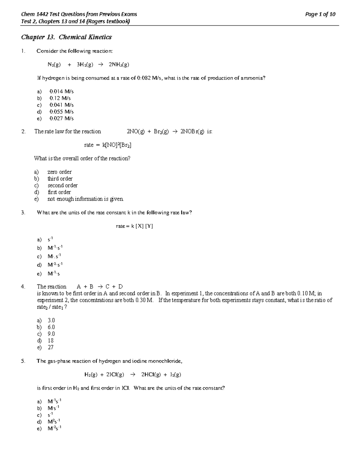 Chem 1442 Test 2 Review: Questions from Chapters 13 & 14 - Studocu