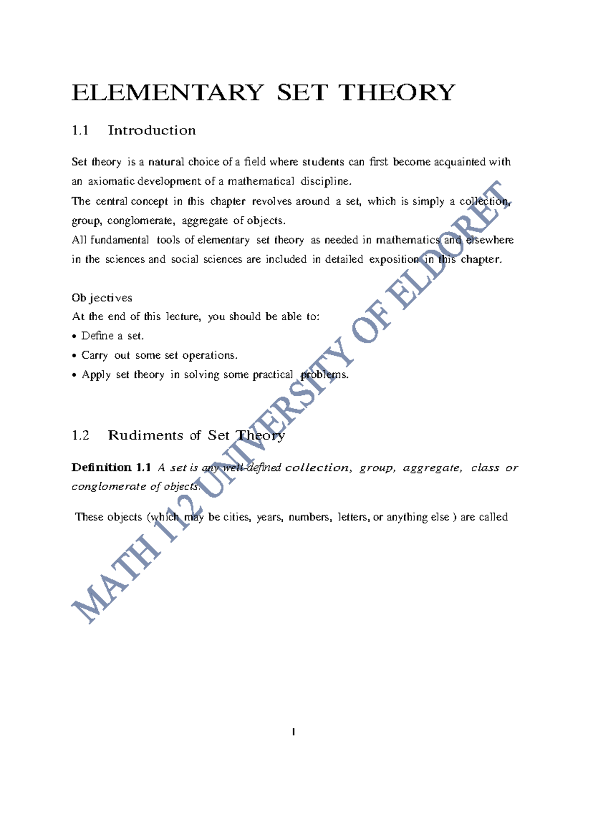 Elementary SET Theory - Copy - ELEMENTARY SET THEORY 1 Introduction Set ...