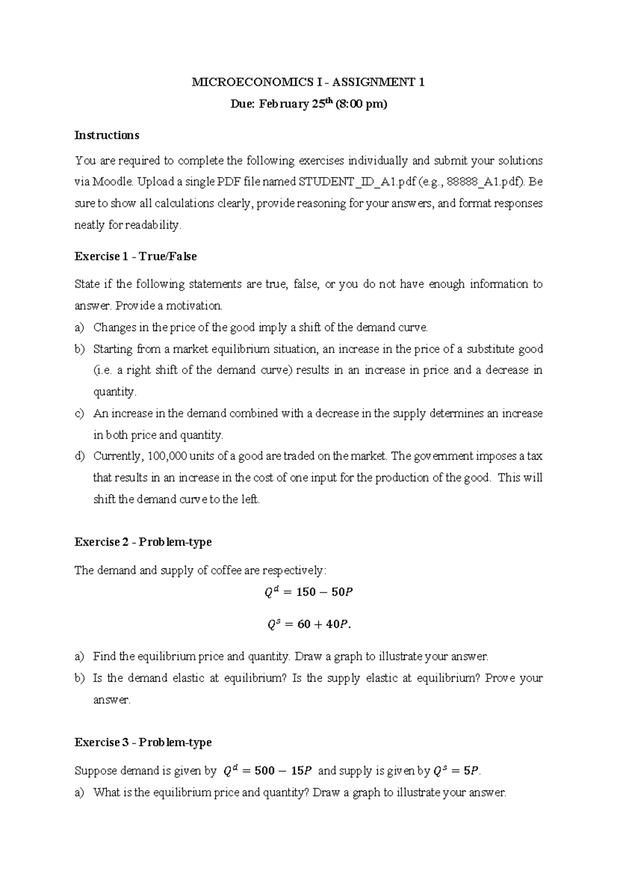 MICROECONOMICS I ASSIGNMENT 1: Exercises & Solutions - Studocu