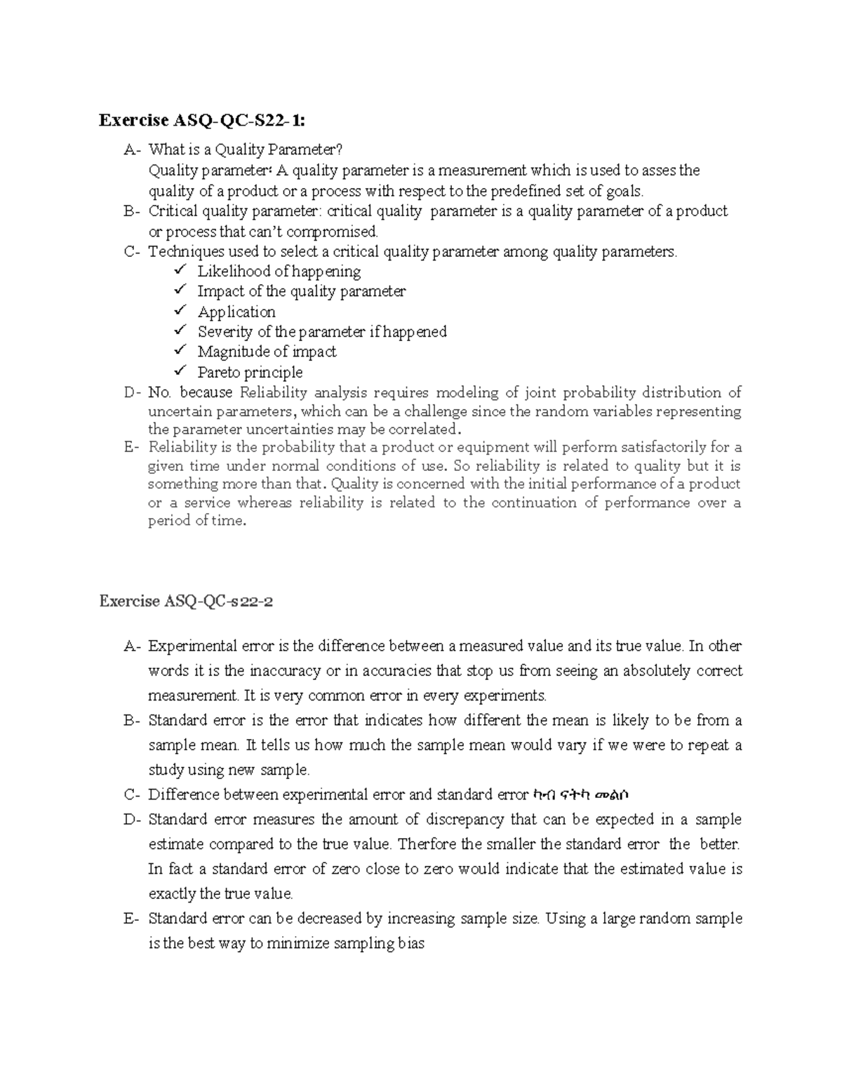 ASQ-QC-S22 Pre-Project Assignment 1: Quality Parameter Analysis - Studocu