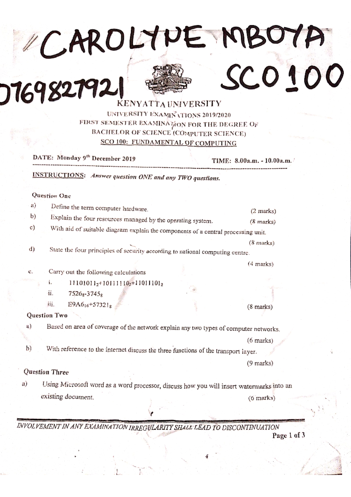 SCO 100 Final Exam Papers - Fundamental of Computing Notes - Studocu