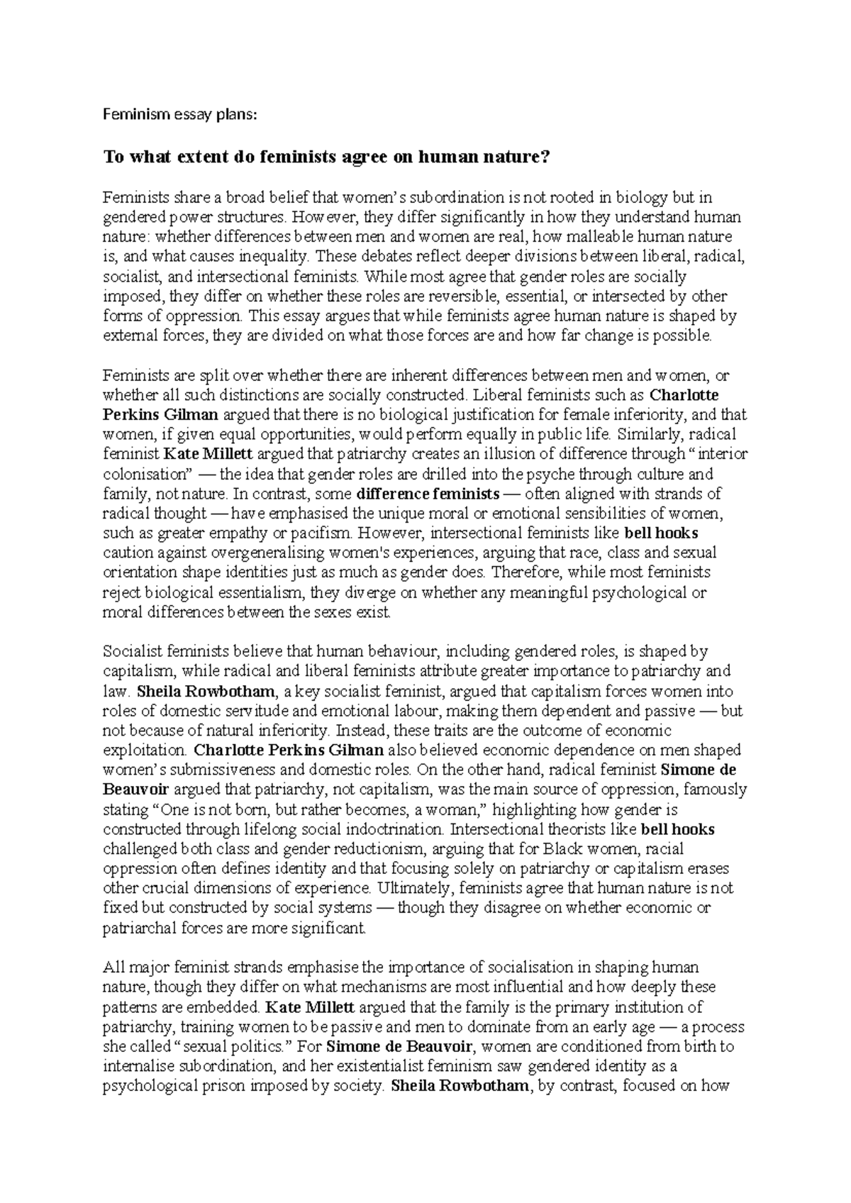 Feminism Model Essays: Exploring Feminist Perspectives on Human Nature ...