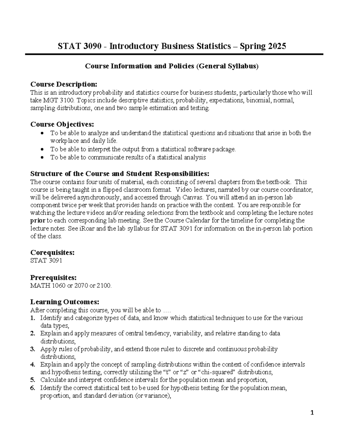 STAT 3090 Syllabus: Intro to Business Statistics - Spring 2025 - Studocu