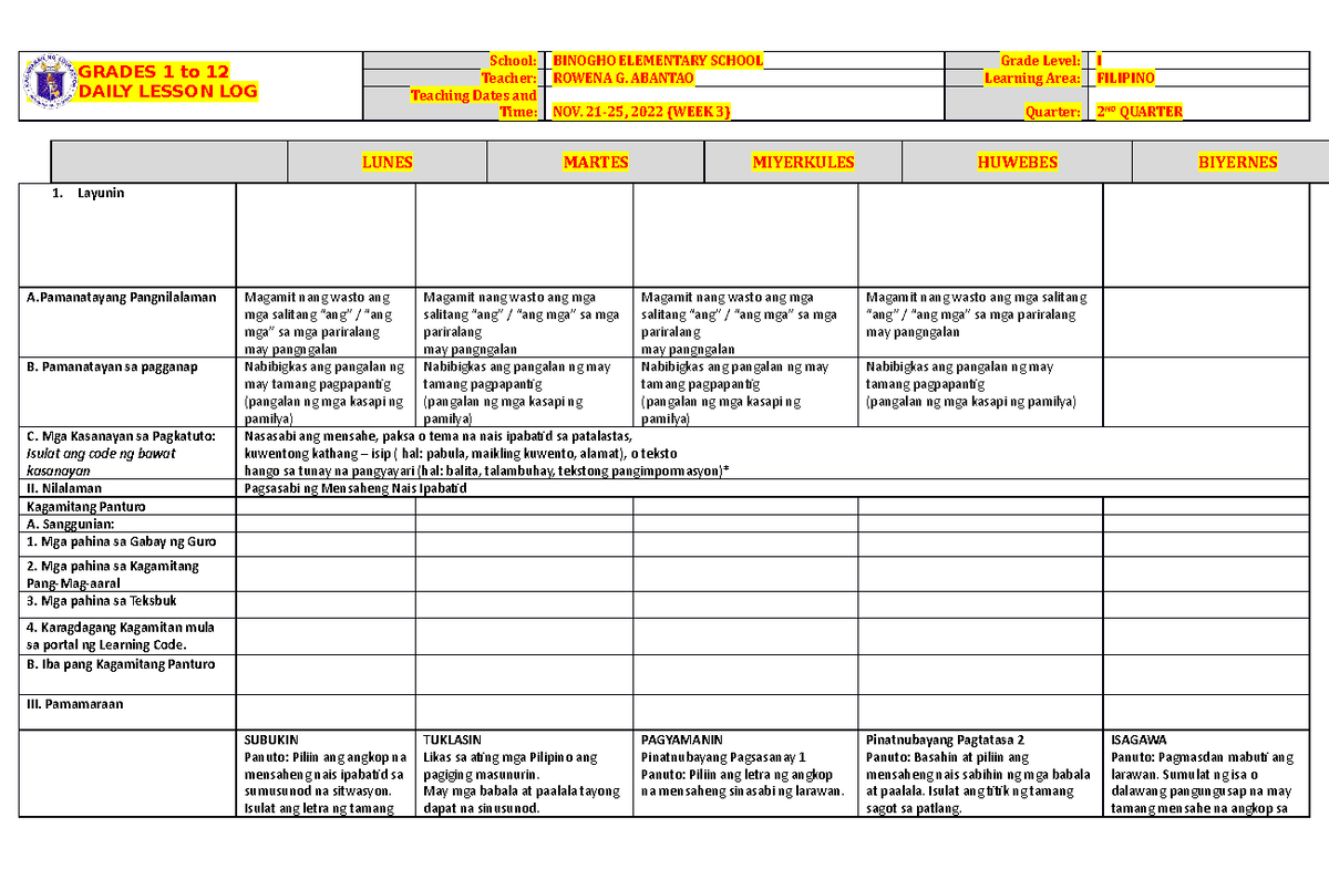 DLL Filipino 1 Q2 W3 - Daily Lesson Log for Grade 1 Activities - Studocu