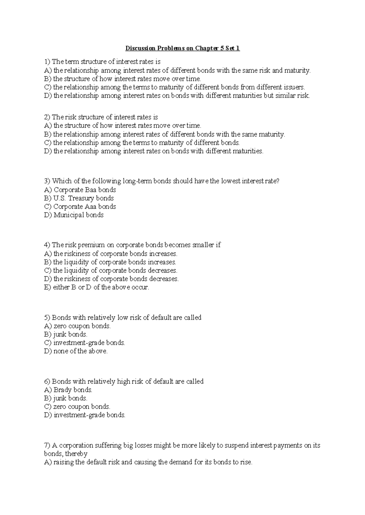 Discussion Problems on Chapter 5: Interest Rates and Risk Structures ...
