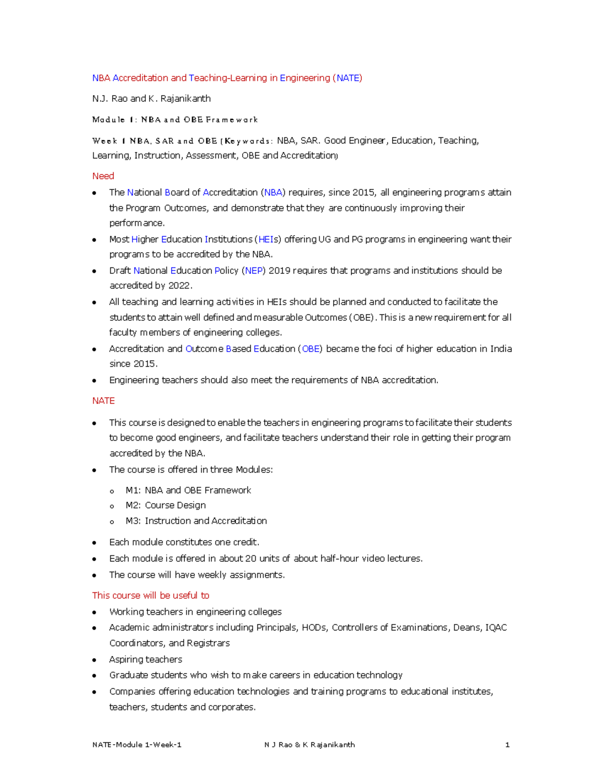 NATE Module 1: Week 1 - Understanding NBA Accreditation and OBE - Studocu