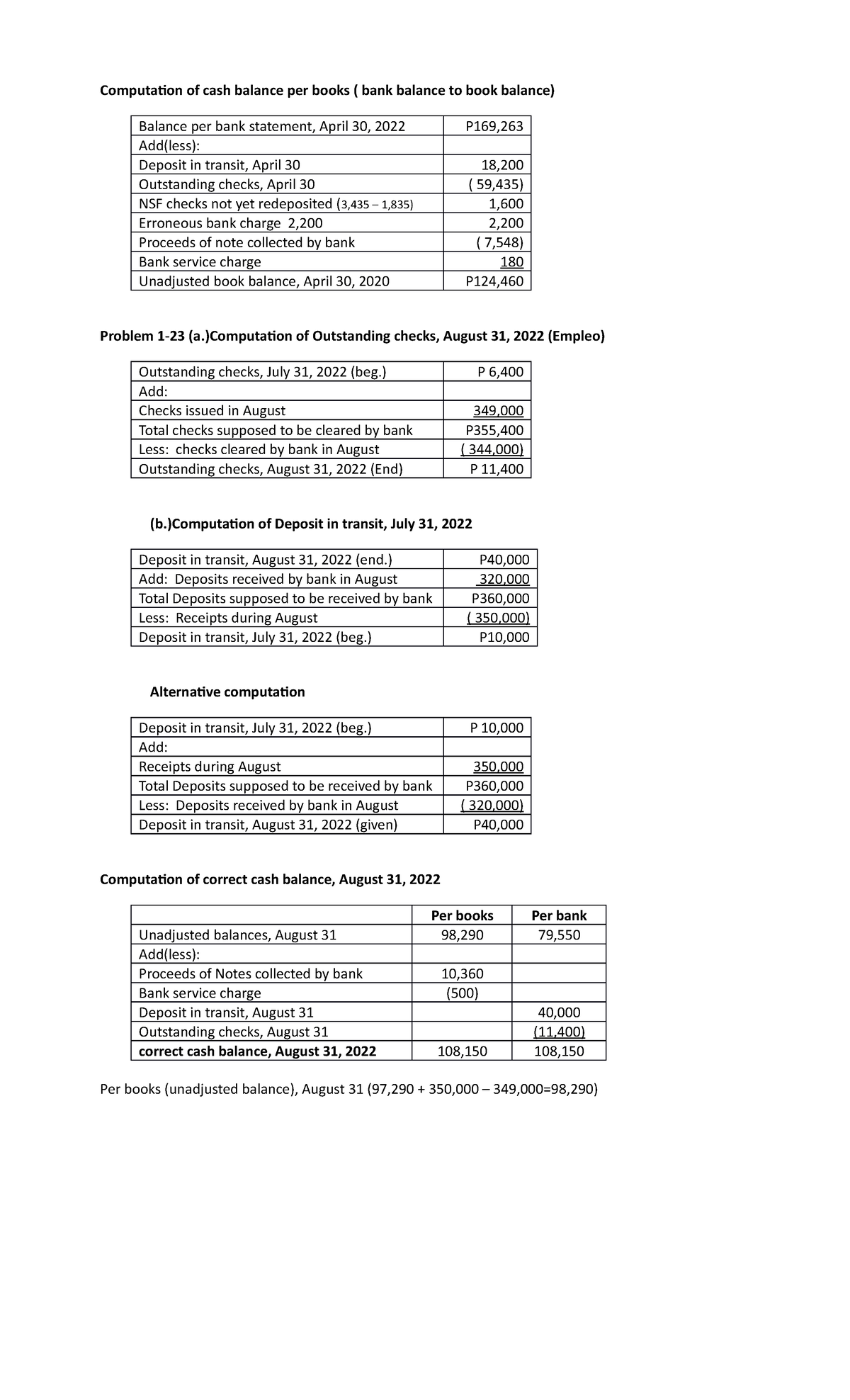 Computation of Book vs. Bank Balance: Problem Set for ACC 202 - Studocu