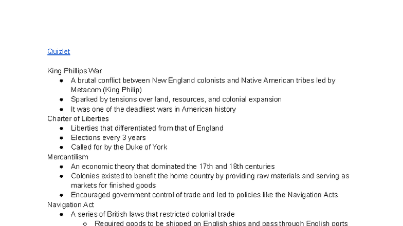 Quizlet: King Philip's War & Colonial Conflicts (Early Foner - Quiz ...
