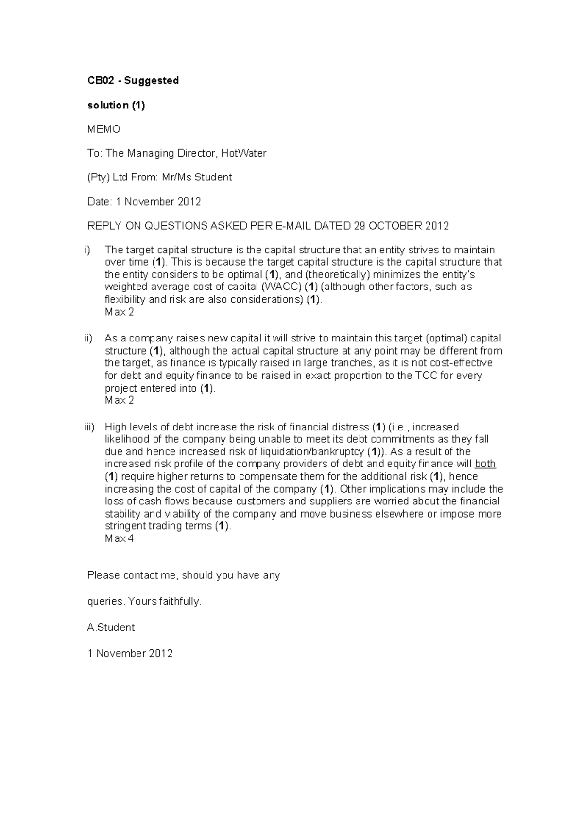 CB02 Capital Budgeting Tutorial 2 Solutions Memo - Studocu