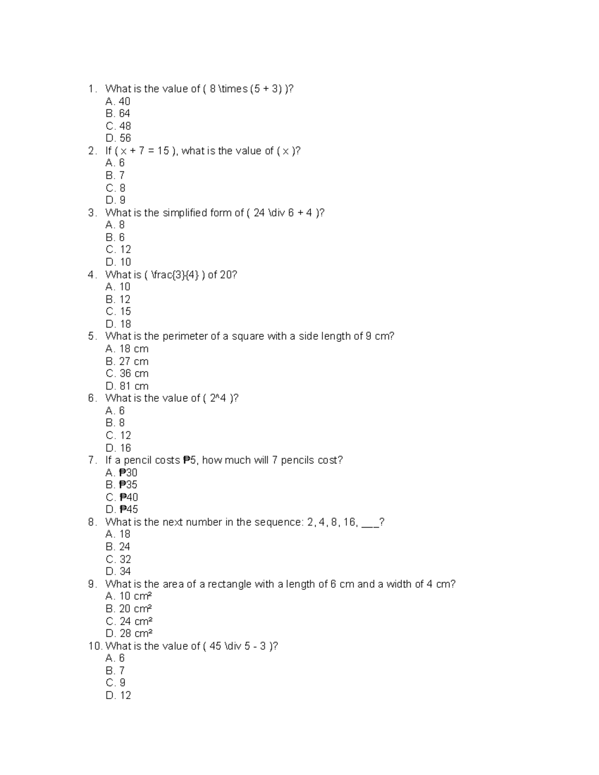 Math Quiz Questions and Answers (MATH101) - Studocu
