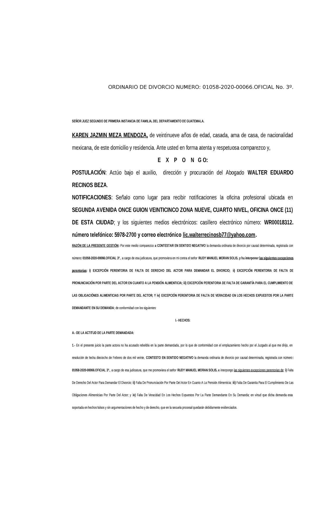 Contestación a la Demanda en Juicio Ordinario de Divorcio No. 01058-2020 - Document Preview