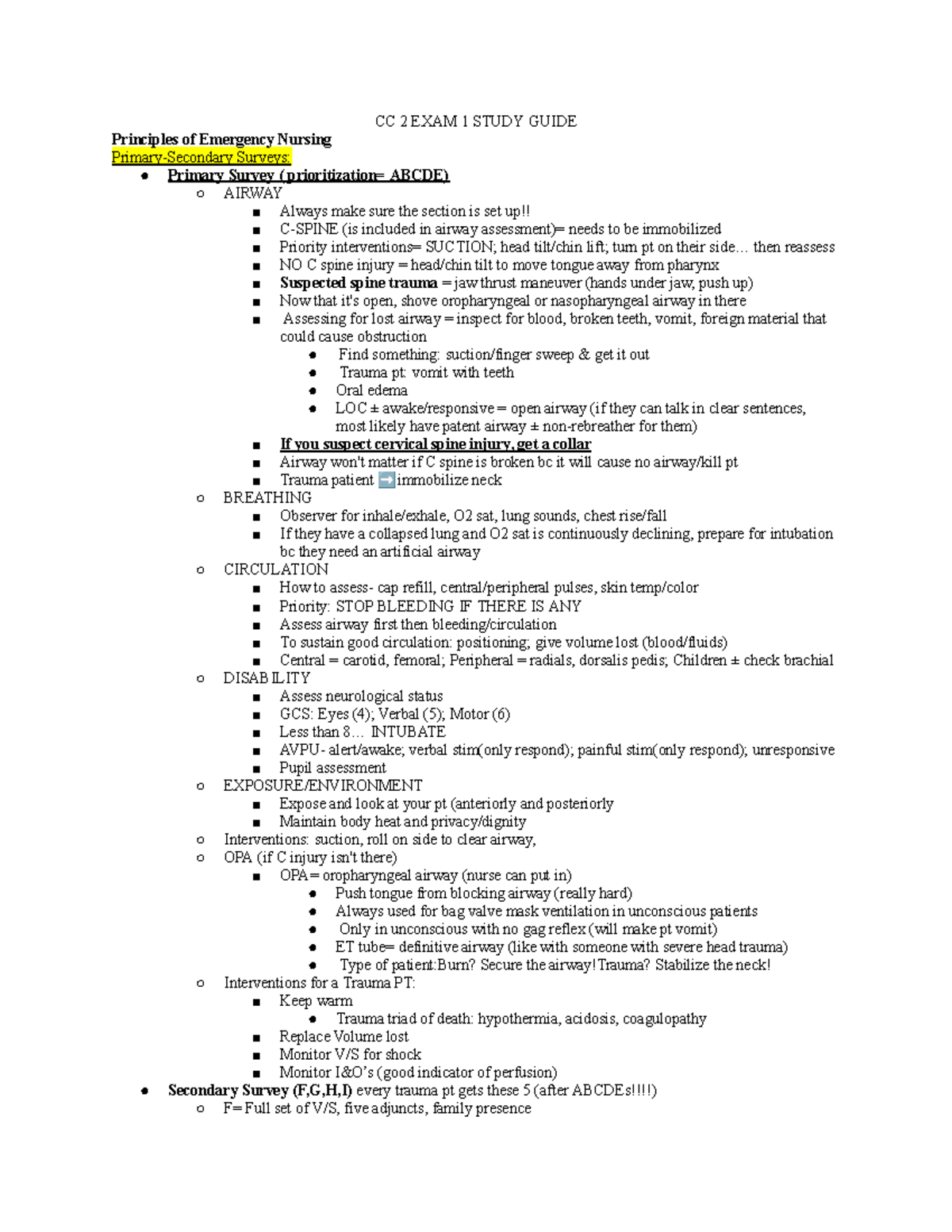 CC2 Exam 1 Review: Key Concepts in Emergency Nursing - Studocu