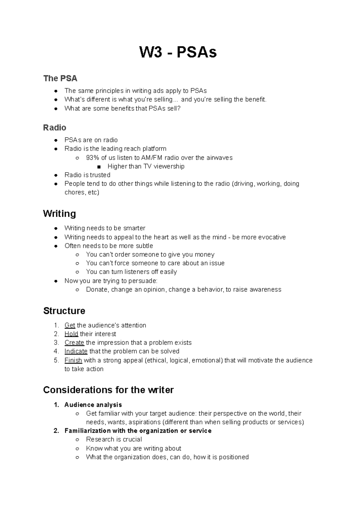 RTA 102 - Creative Processes Week 3: Writing Effective PSAs - Studocu