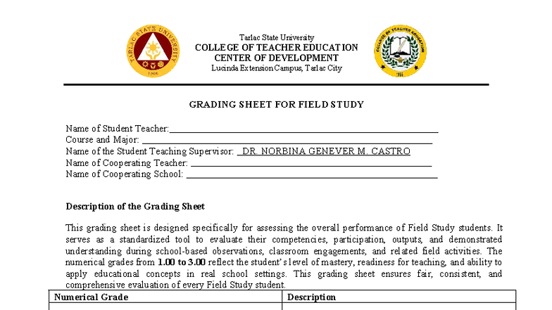 Grading Sheet for Field Study - Tarlac State University - Studocu