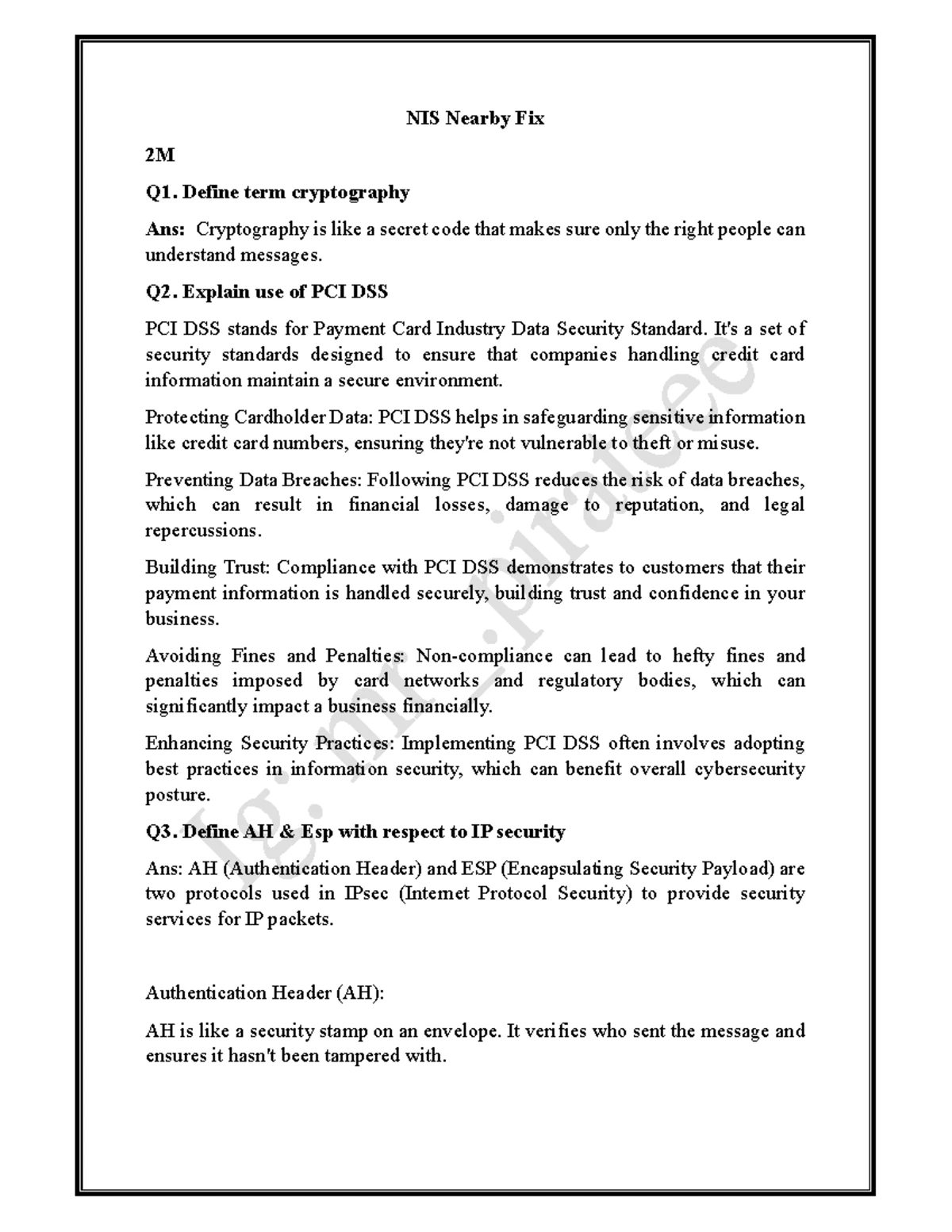 NIS S24 Summer 2024 Model Paper: Network & Information Security Exam ...