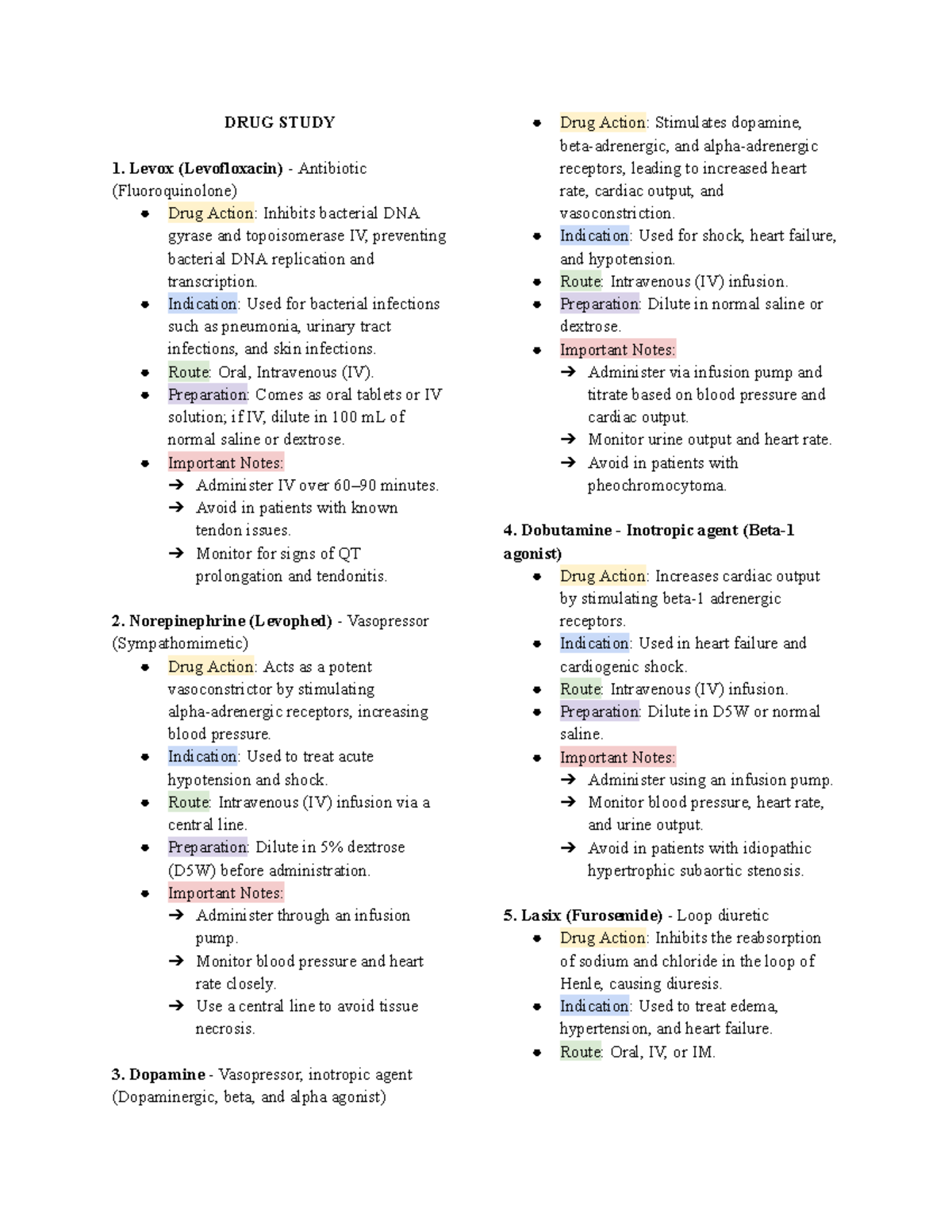 ICU Drug Study Guide: Key Medications and Administration Details - Studocu