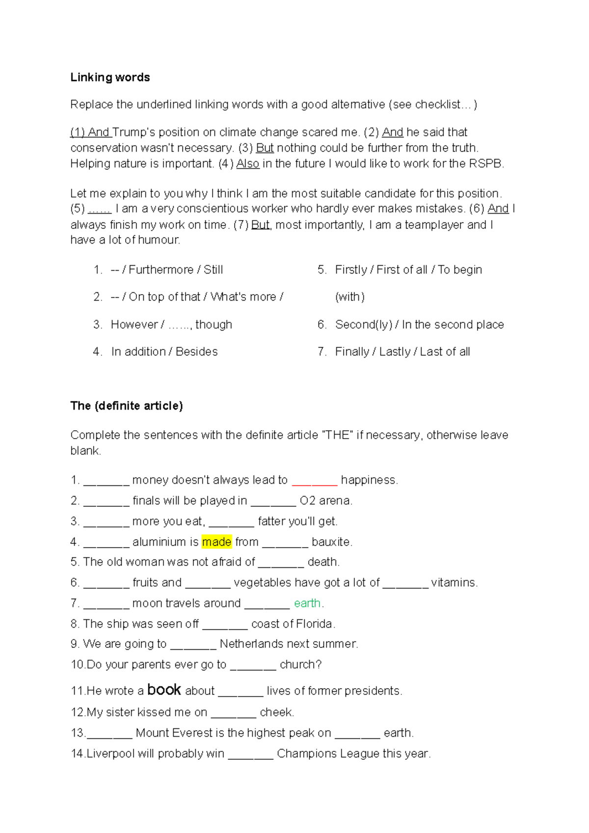 Linking Words and Conditional Sentences Exercise - ENG 101 - Studeersnel