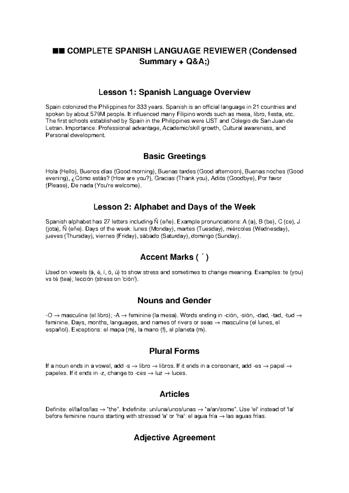SPAN 101: Complete Spanish Language Overview & Basics Review - Studocu