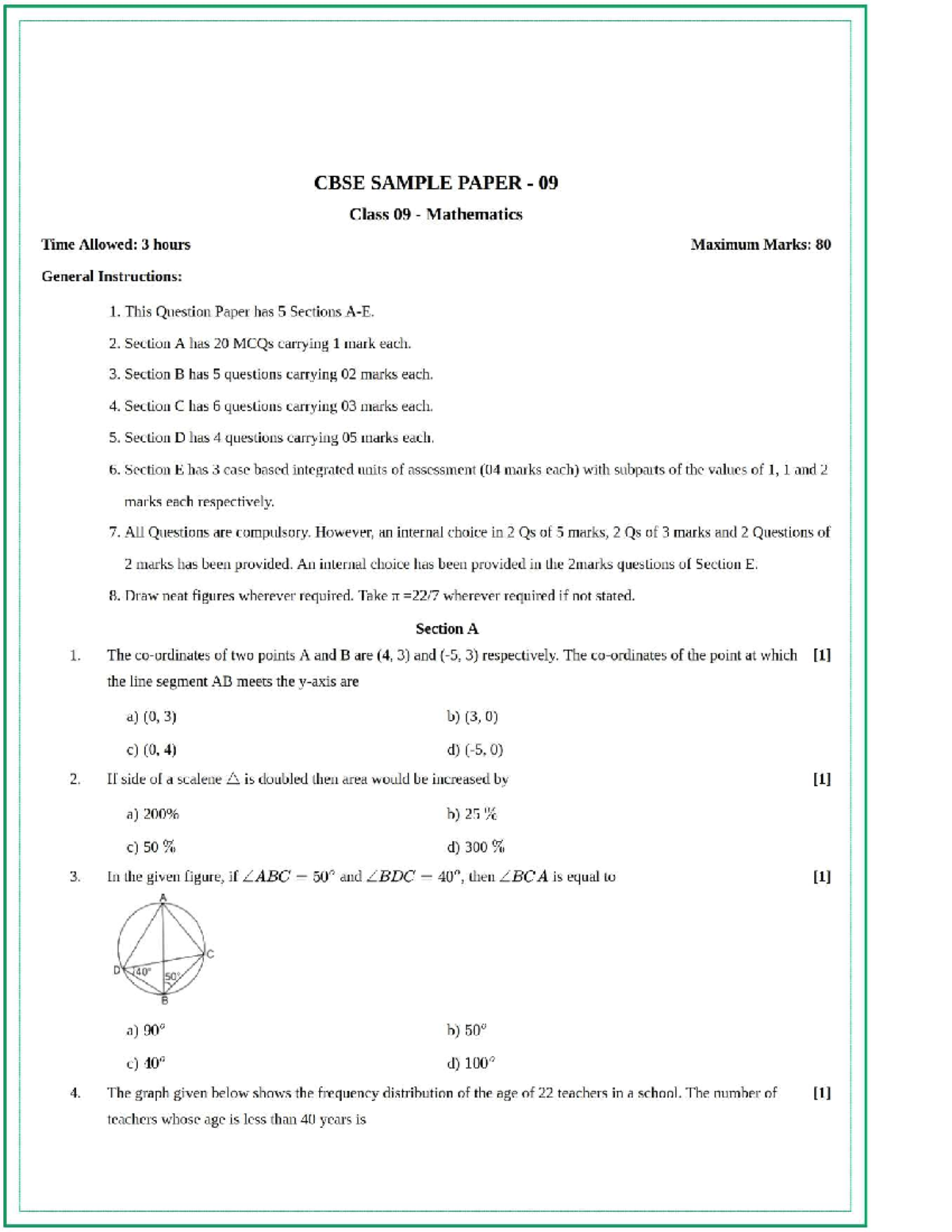 9 09 - sample paper - CBSE SAMPLE PAPER 09 Class 09 Mathematics Time ...