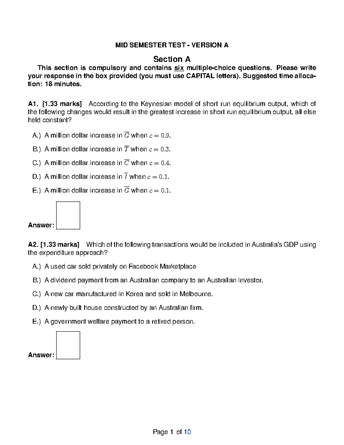 MID SEMESTER TEST VERSION A - MST - Studocu