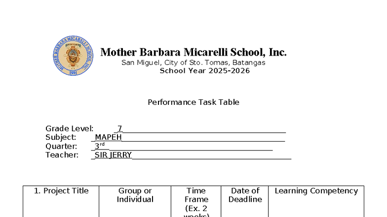 Performance-Task Grade 7 - Mother Barbara Micarelli School, Inc. San ...