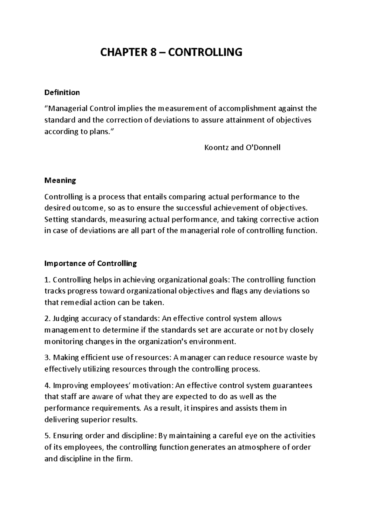 Chapter 8 - Controlling - CHAPTER 8 – CONTROLLING Definition ...